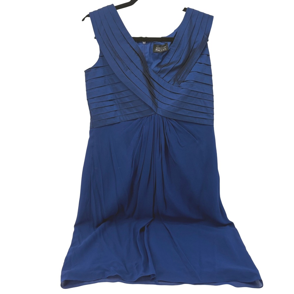Adrianna Papell Royal Blue Silk Pleated V-Neck Cocktail Dress Size 14